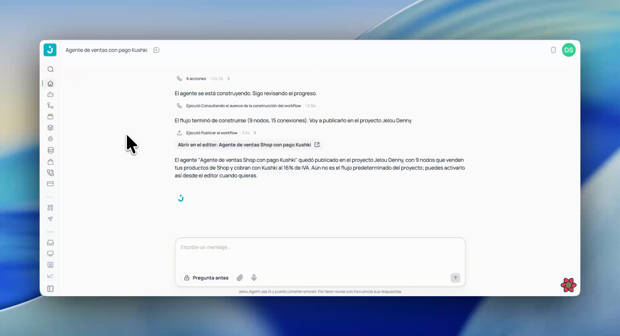 Chat del Jelou Agent colapsado a un lado del canvas de Brain Studio