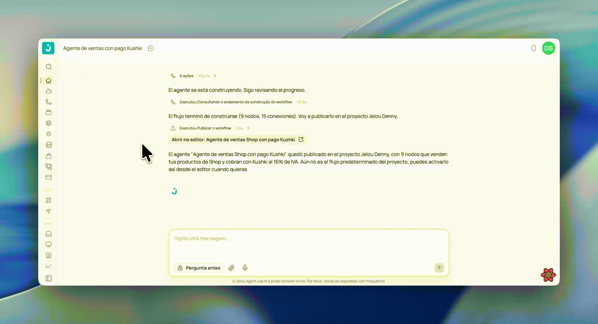 Chat do Jelou Agent recolhido ao lado do canvas do Brain Studio