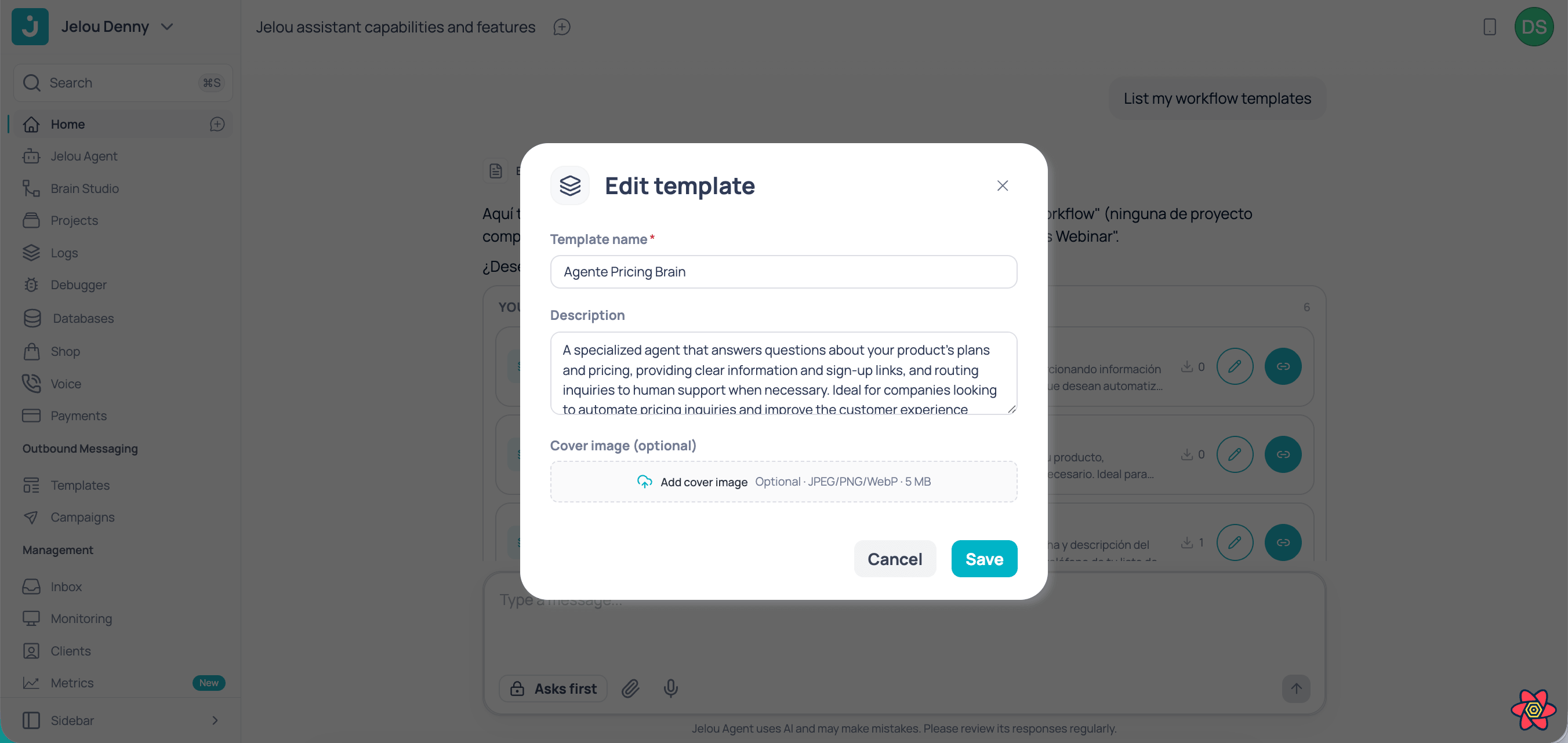 Jelou Agent modal to set a template's name, description, and cover image