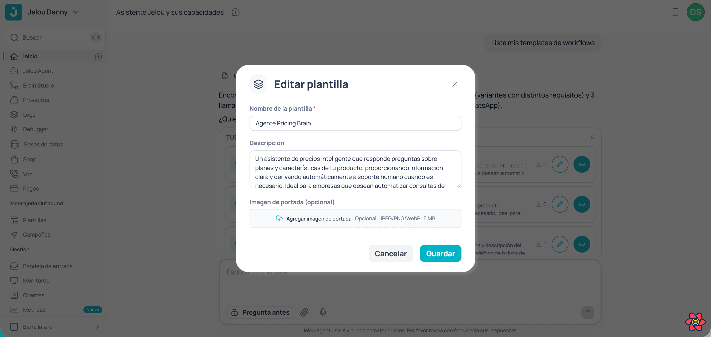 Modal del Jelou Agent para configurar nombre, descripción e imagen de portada de una plantilla