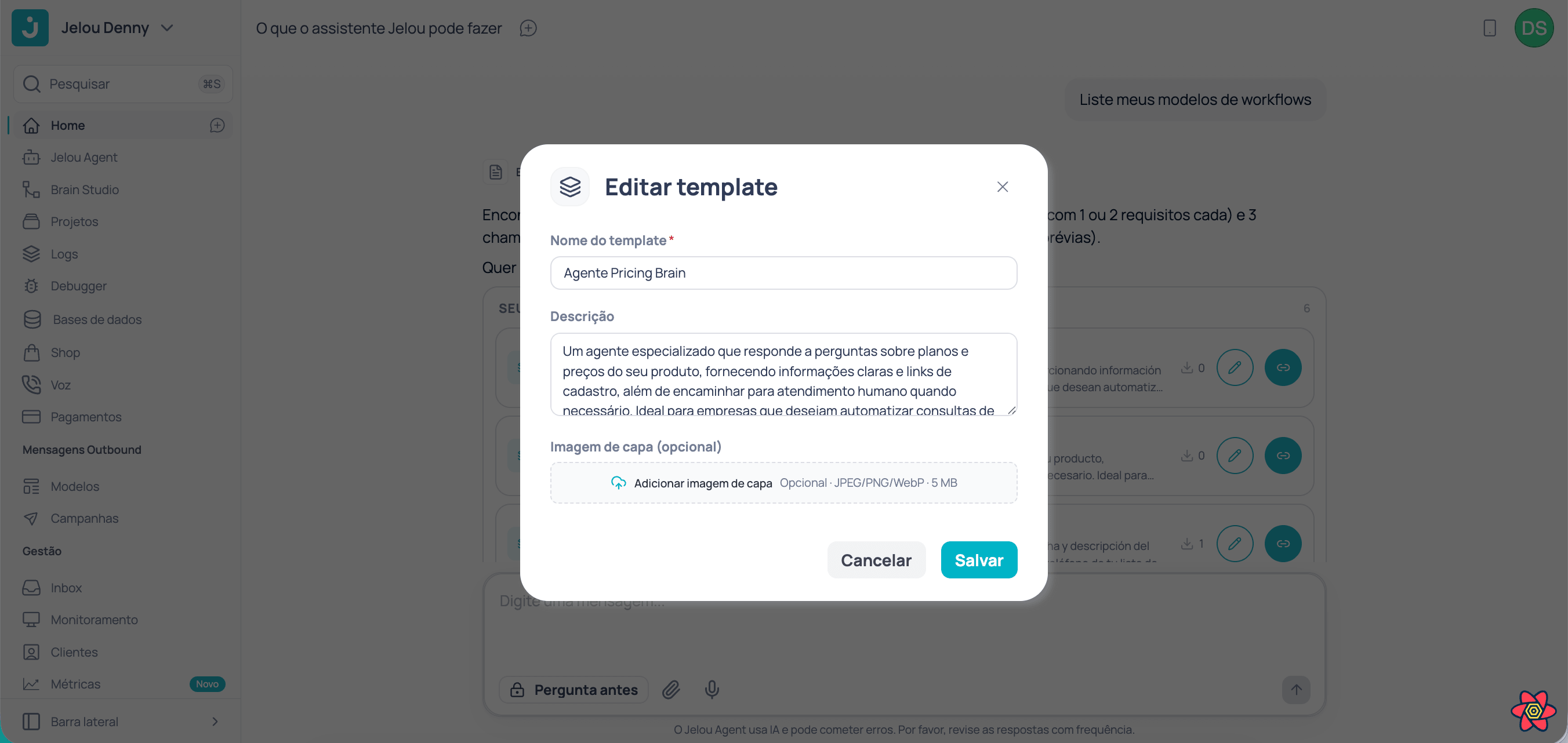 Modal do Jelou Agent para definir nome, descrição e imagem de capa de um template