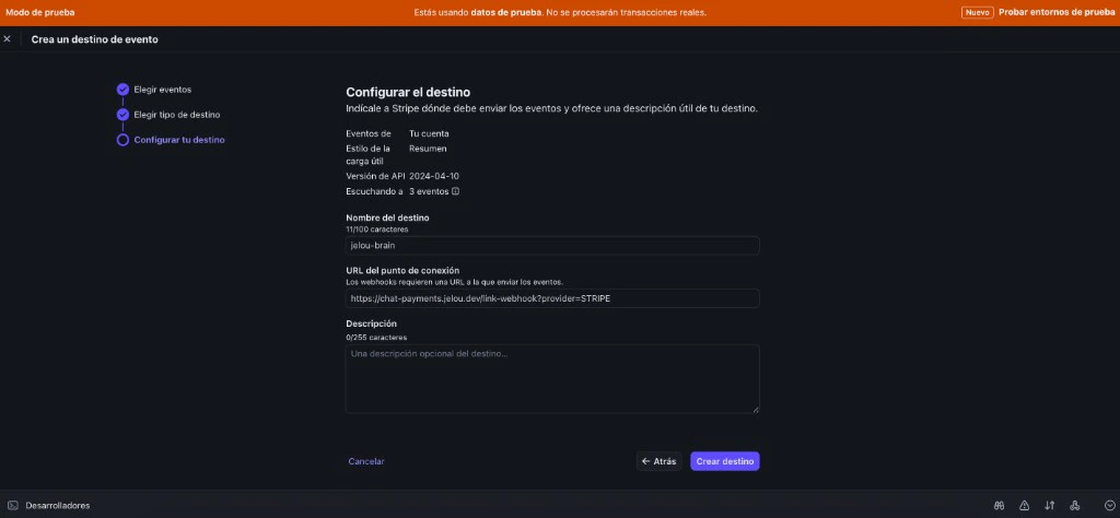 Formulário do Stripe para criar destino de webhook com a URL da Jelou e nome do destino