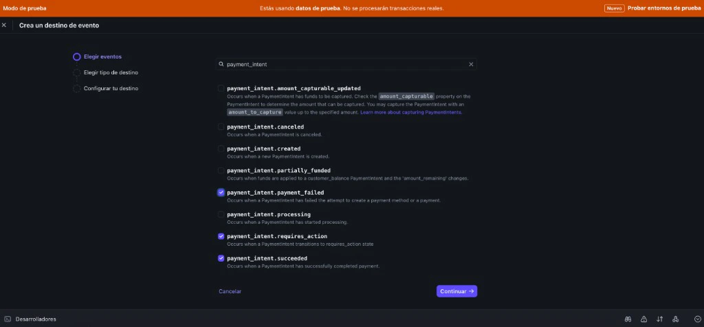 Lista de eventos do Stripe com payment_intent.succeeded, requires_action e payment_failed marcados