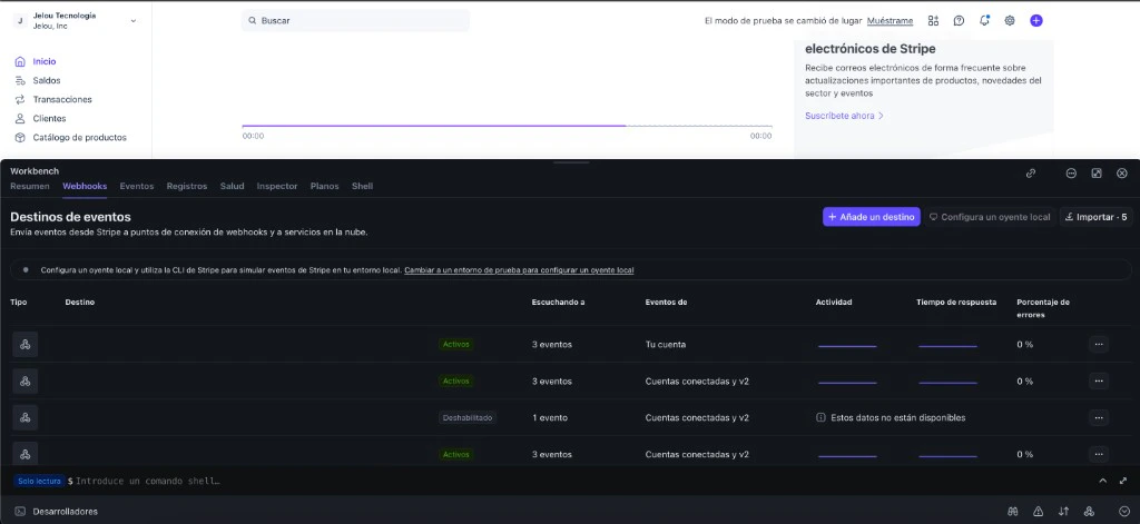 Stripe Dashboard: Workbench com a aba Webhooks visível