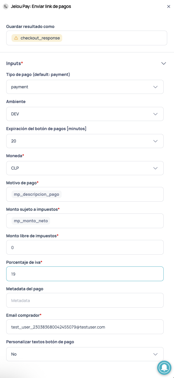 Panel de configuración de inputs