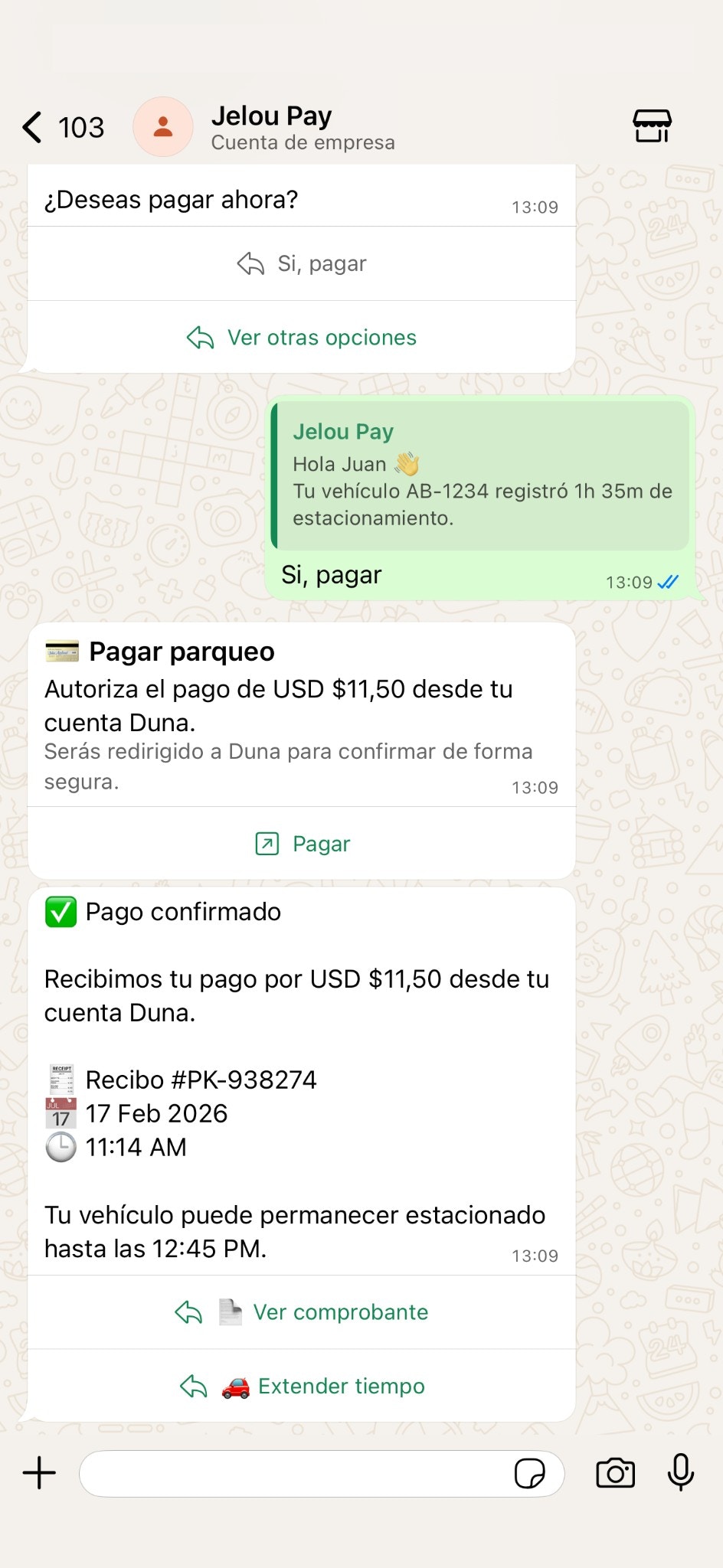 Ejemplo de flujo conversacional con confirmación de pago externa en WhatsApp