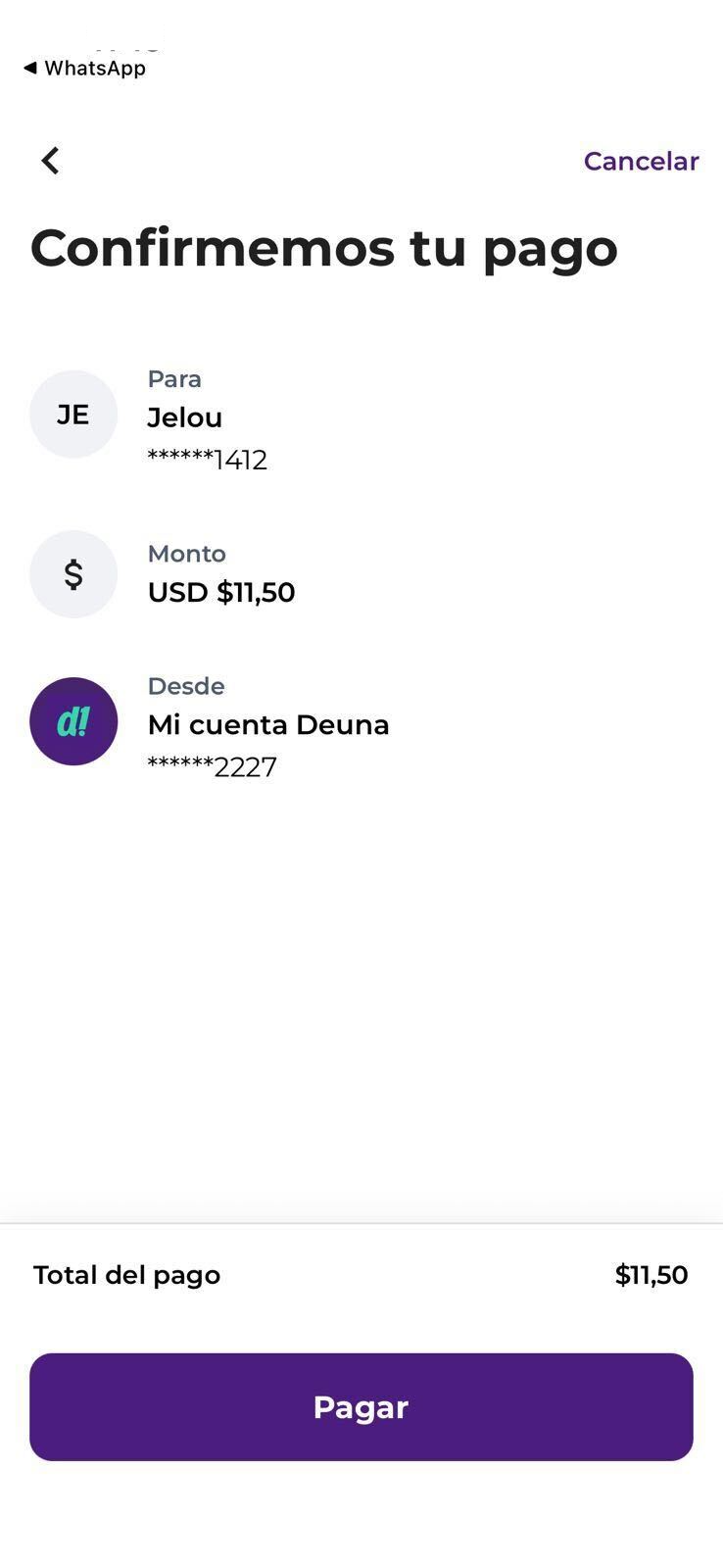 Pantalla de confirmación de pago en la app de Deuna