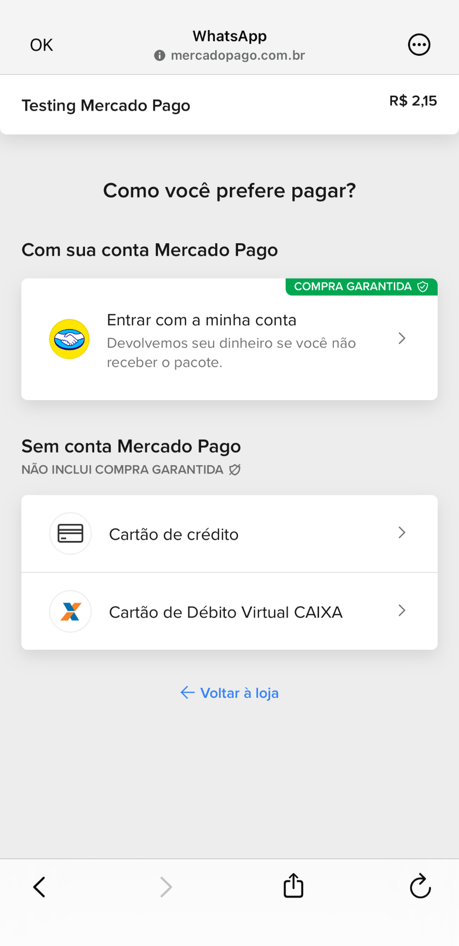 Experiencia de checkout de Mercado Pago en Brasil dentro de WebView de WhatsApp
