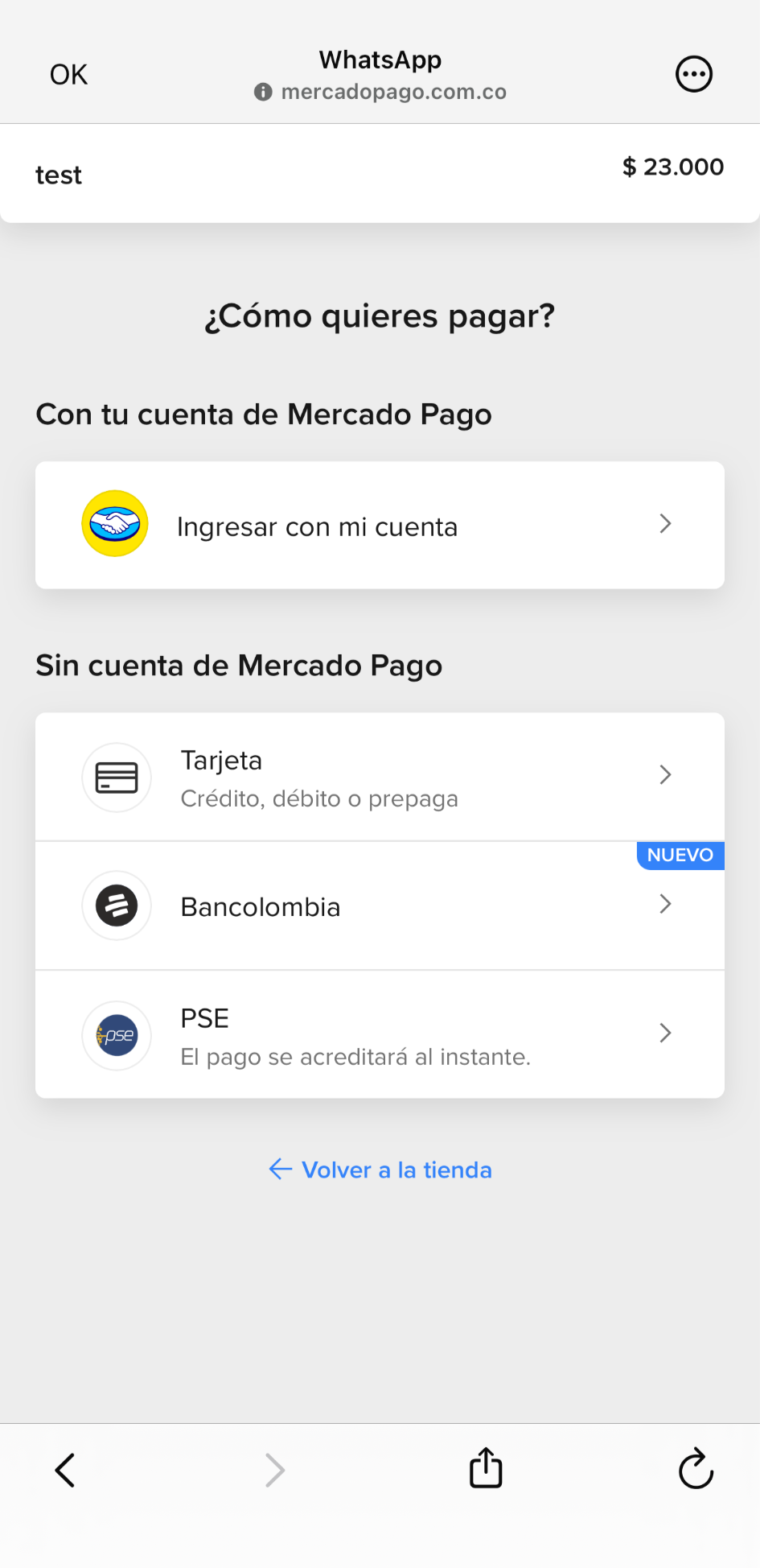 Experiencia de checkout de Mercado Pago en Colombia dentro de WebView de WhatsApp