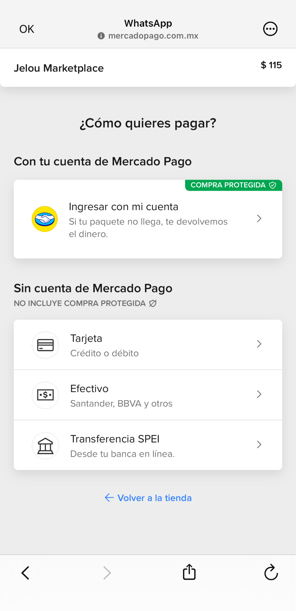 Experiencia de checkout de Mercado Pago en México dentro de WebView de WhatsApp