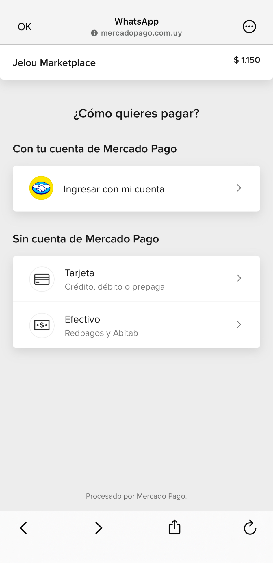 Experiencia de checkout de Mercado Pago en Uruguay dentro de WebView de WhatsApp
