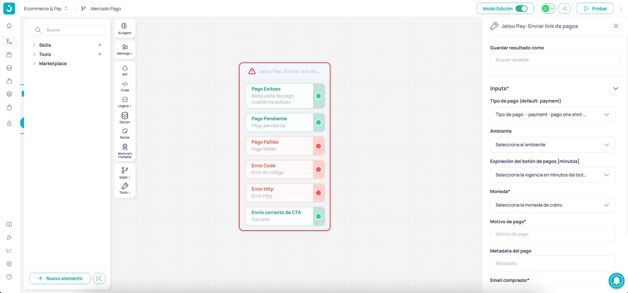 Nodo de Mercado Pago agregado al Canvas mostrando sus salidas