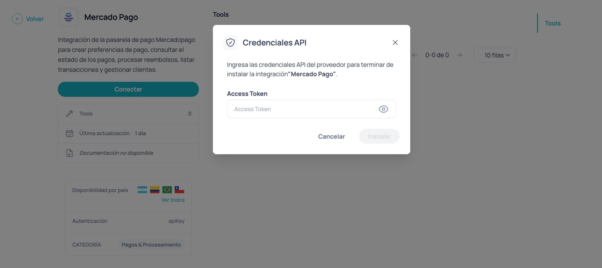 Modal de Credenciales API en Brain Studio solicitando el Access Token para instalar Mercado Pago
