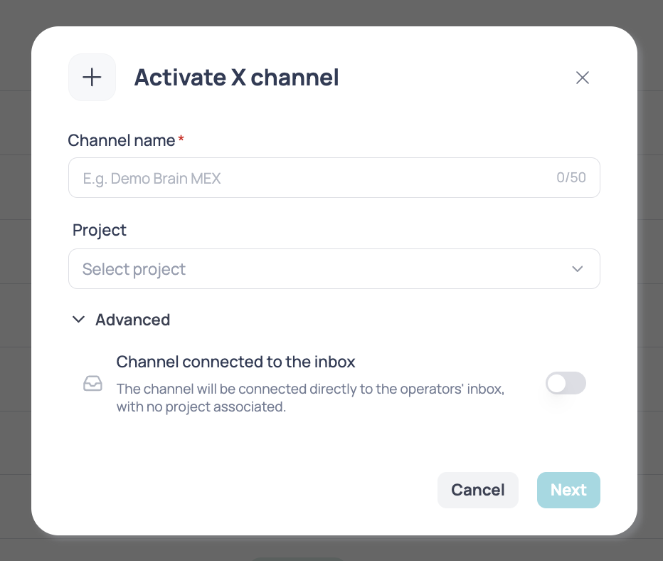 Enable X channel window with the Channel name and Project fields and the Advanced options section