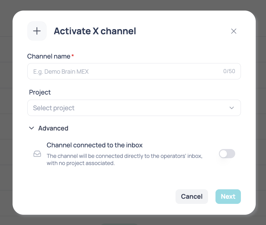 Enable X channel window with the Channel name and Project fields and the Advanced options section