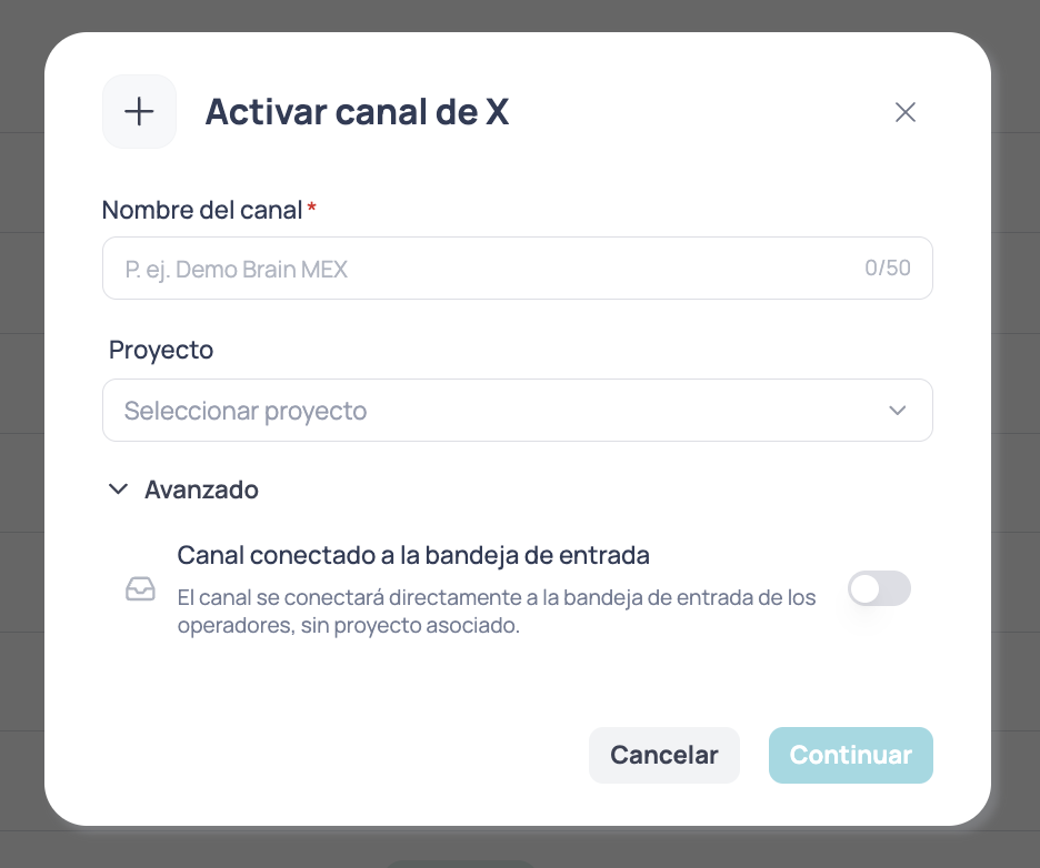 Ventana Activar canal de X con los campos Nombre del canal, Proyecto y la sección Opciones avanzadas