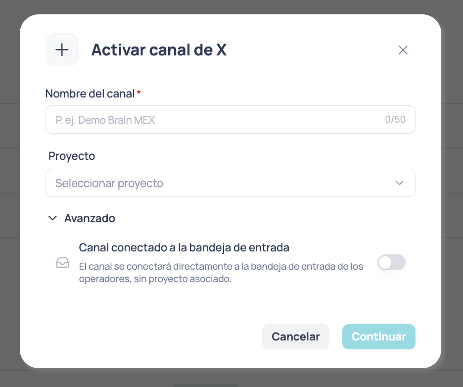 Ventana Activar canal de X con los campos Nombre del canal, Proyecto y la sección Opciones avanzadas