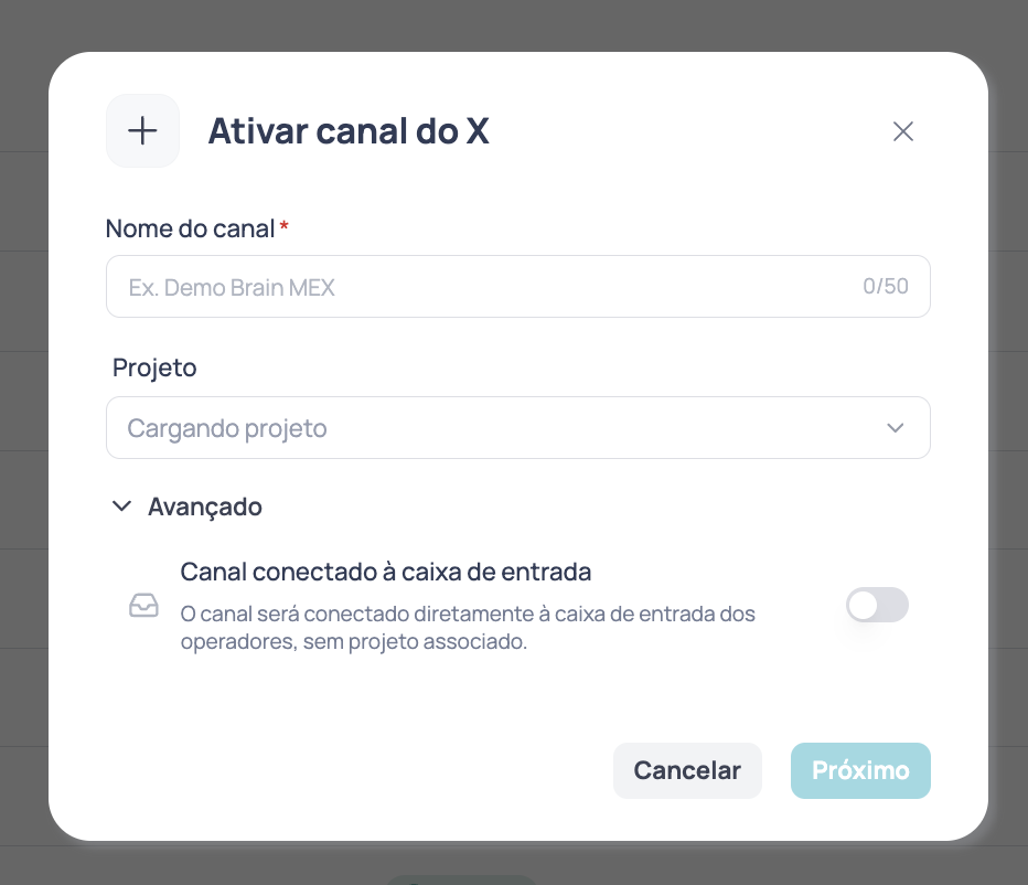 Janela Ativar canal do X com os campos Nome do canal, Projeto e a seção Opções avançadas