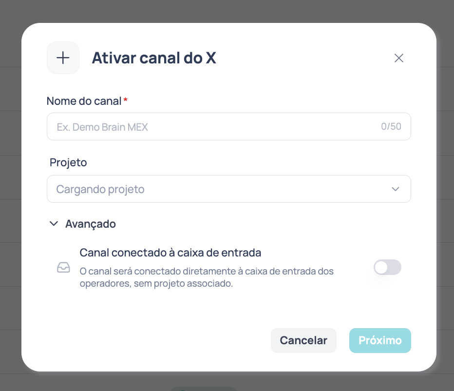 Janela Ativar canal do X com os campos Nome do canal, Projeto e a seção Opções avançadas