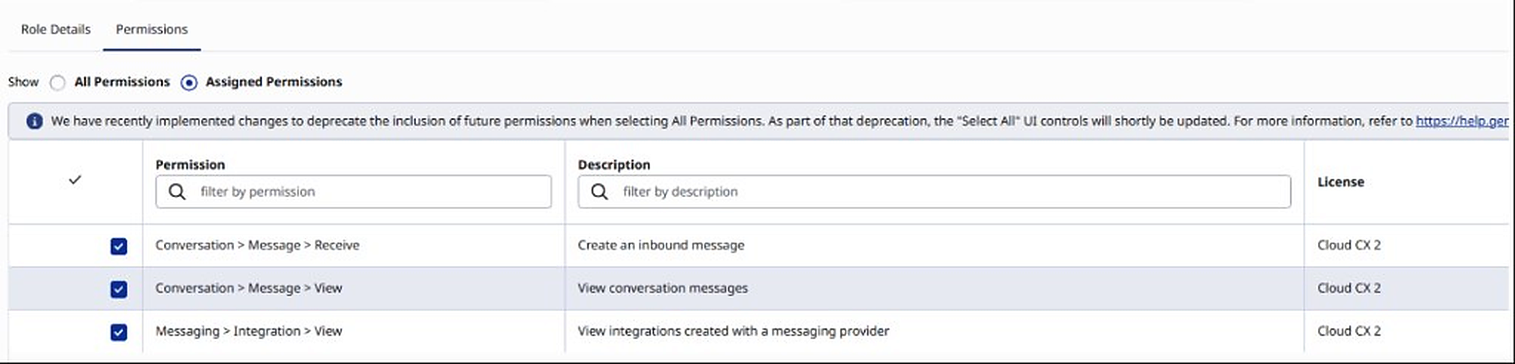 Permisos del rol en Genesys Cloud