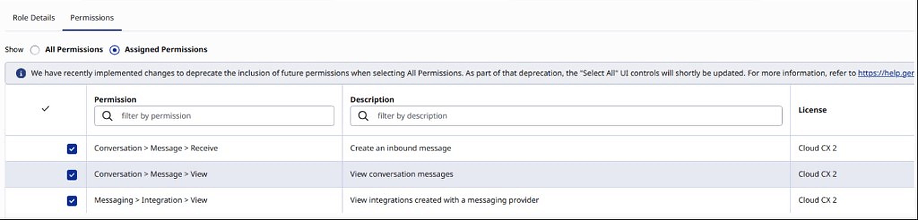 Permisos del rol en Genesys Cloud