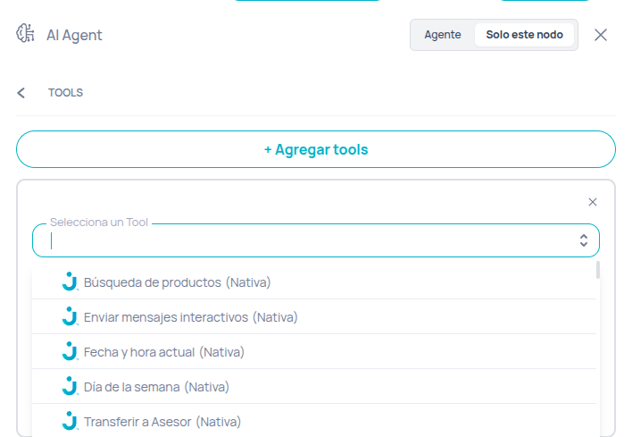 Configuración de tools nativas en el nodo AI Agent