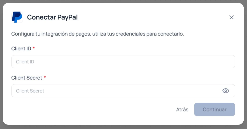 Modal de Brain Studio para ingresar Client Id y Client Secret de PayPal