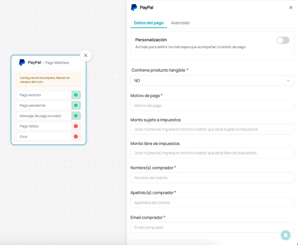 Nodo PayPal en Canvas con el panel lateral de configuración abierto