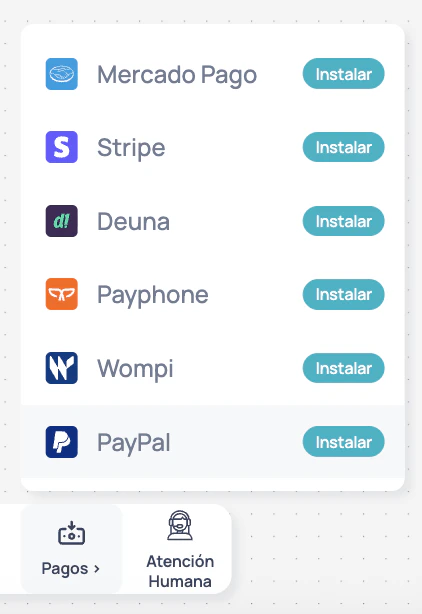 Nodo Pagos en Canvas mostrando PayPal como proveedor disponible con la opción Instalar