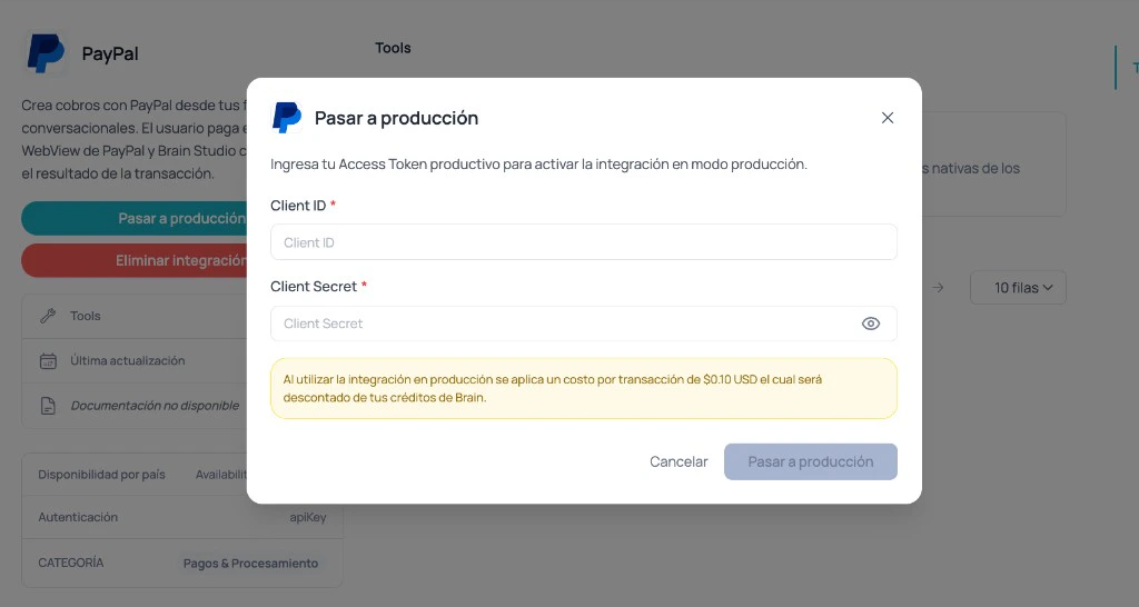 Modal de Brain Studio para ingresar Client Id y Client Secret productivos de PayPal