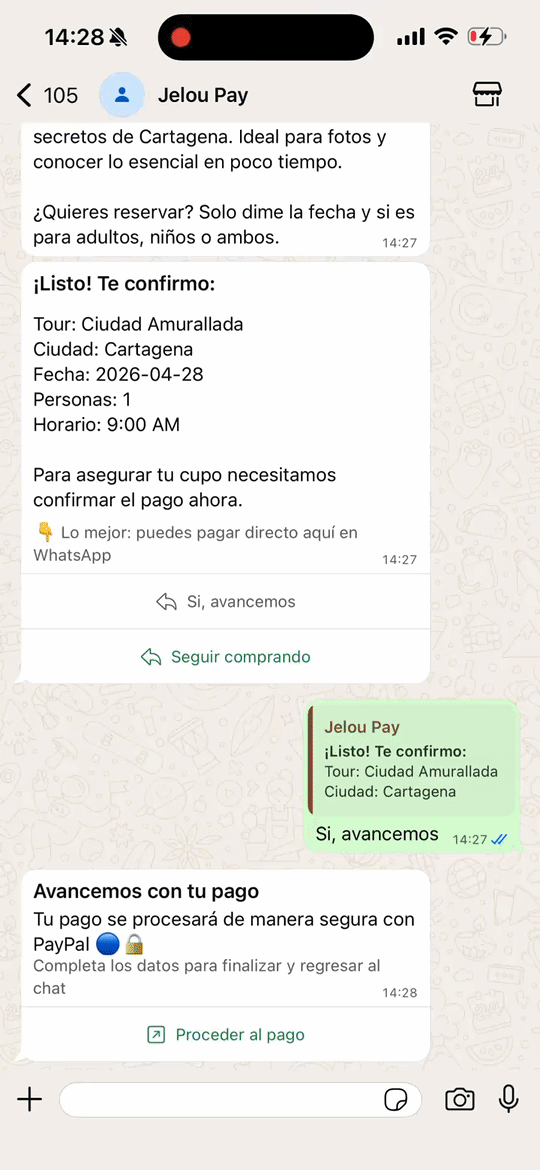 Animación del checkout WebView de PayPal abierto desde WhatsApp para completar un pago de prueba con una cuenta Sandbox Personal
