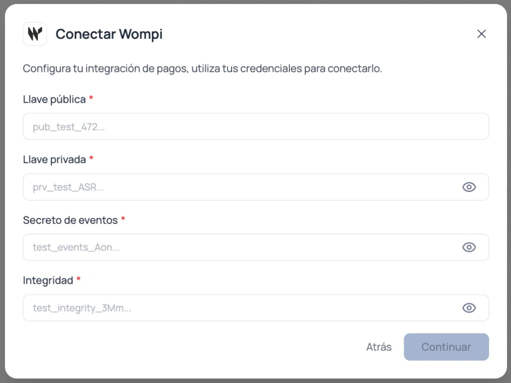 Modal de Brain Studio para ingresar llave pública, llave privada, secreto de eventos e integridad de Wompi