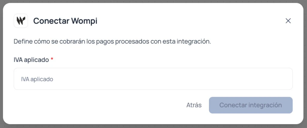 Modal de Brain Studio para configurar el IVA aplicado durante la conexión de Wompi