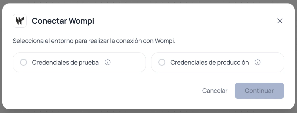 Modal de Brain Studio para elegir entre credenciales de prueba o credenciales de producción al conectar Wompi