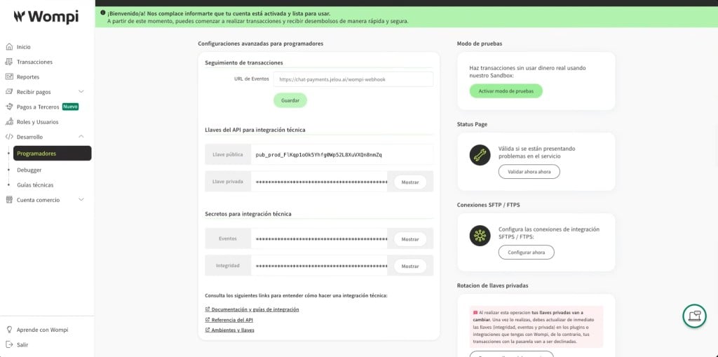 Dashboard do Wompi em Produção, seção Desenvolvimento Programadores: URL de Eventos, chave pública e privada, e segredos de Eventos e Integridade
