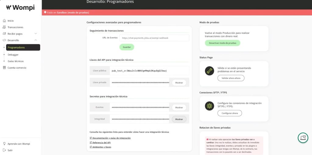 Dashboard do Wompi em Sandbox, seção Desenvolvimento Programadores: URL de Eventos, chave pública e privada, e segredos de Eventos e Integridade