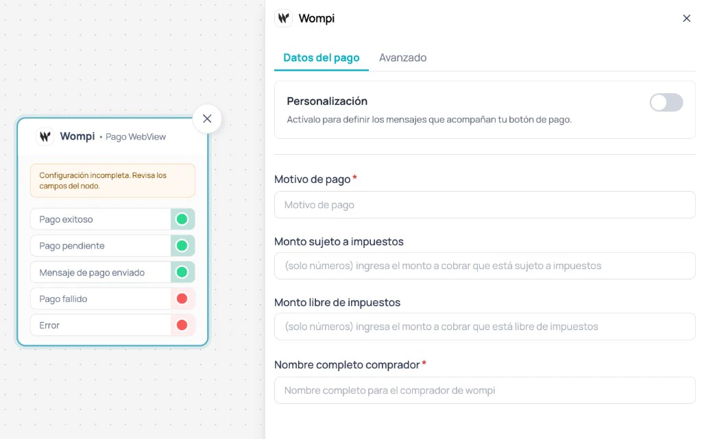 Nodo Wompi en Canvas con el panel lateral de configuración abierto