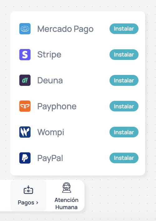 Nodo Pagos en Canvas mostrando Wompi como proveedor disponible con la opción Instalar