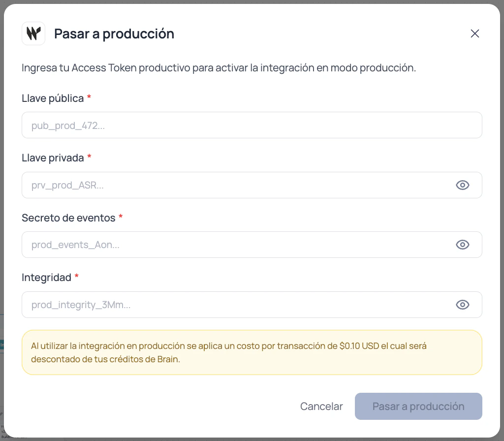 Modal de Brain Studio para pasar la integración de Wompi a producción