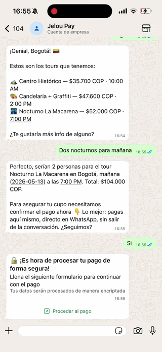 Animación del checkout WebView de Wompi abierto desde WhatsApp para completar un pago de prueba en Sandbox