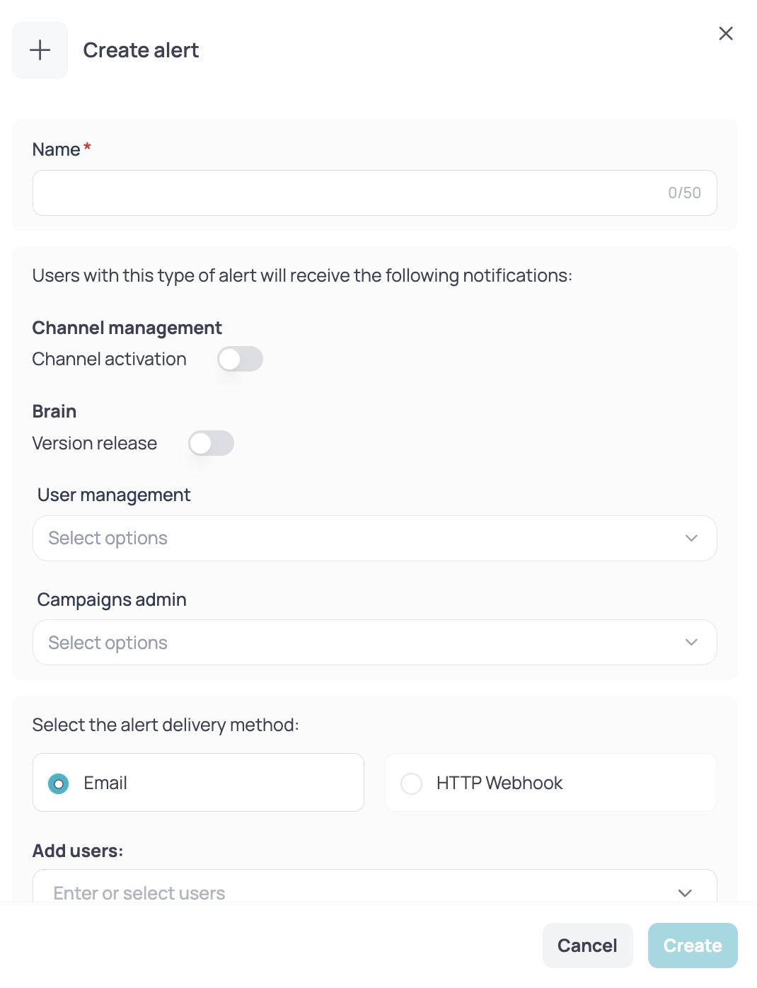Form to create an alert with the name, events and delivery method