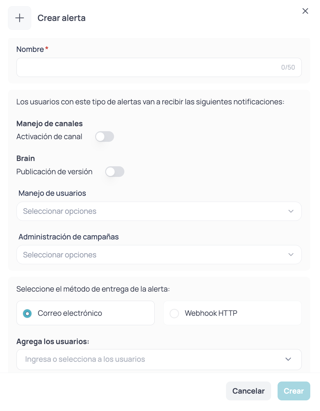 Formulario para crear una alerta con el nombre, los eventos y el método de entrega