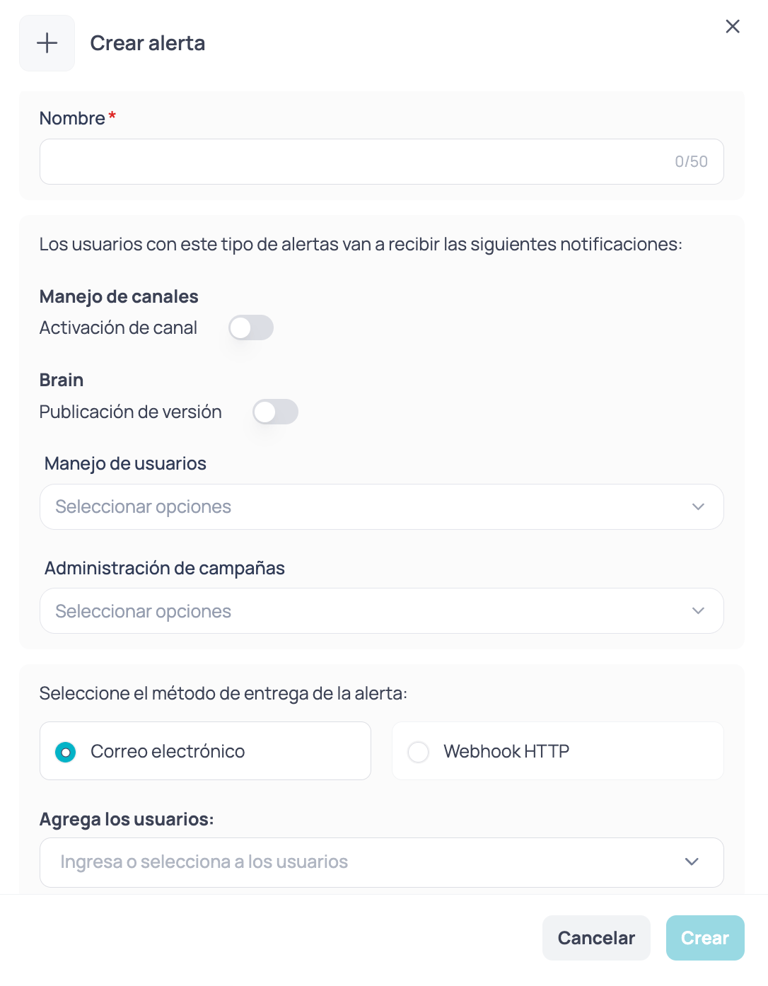 Formulario para crear una alerta con el nombre, los eventos y el método de entrega