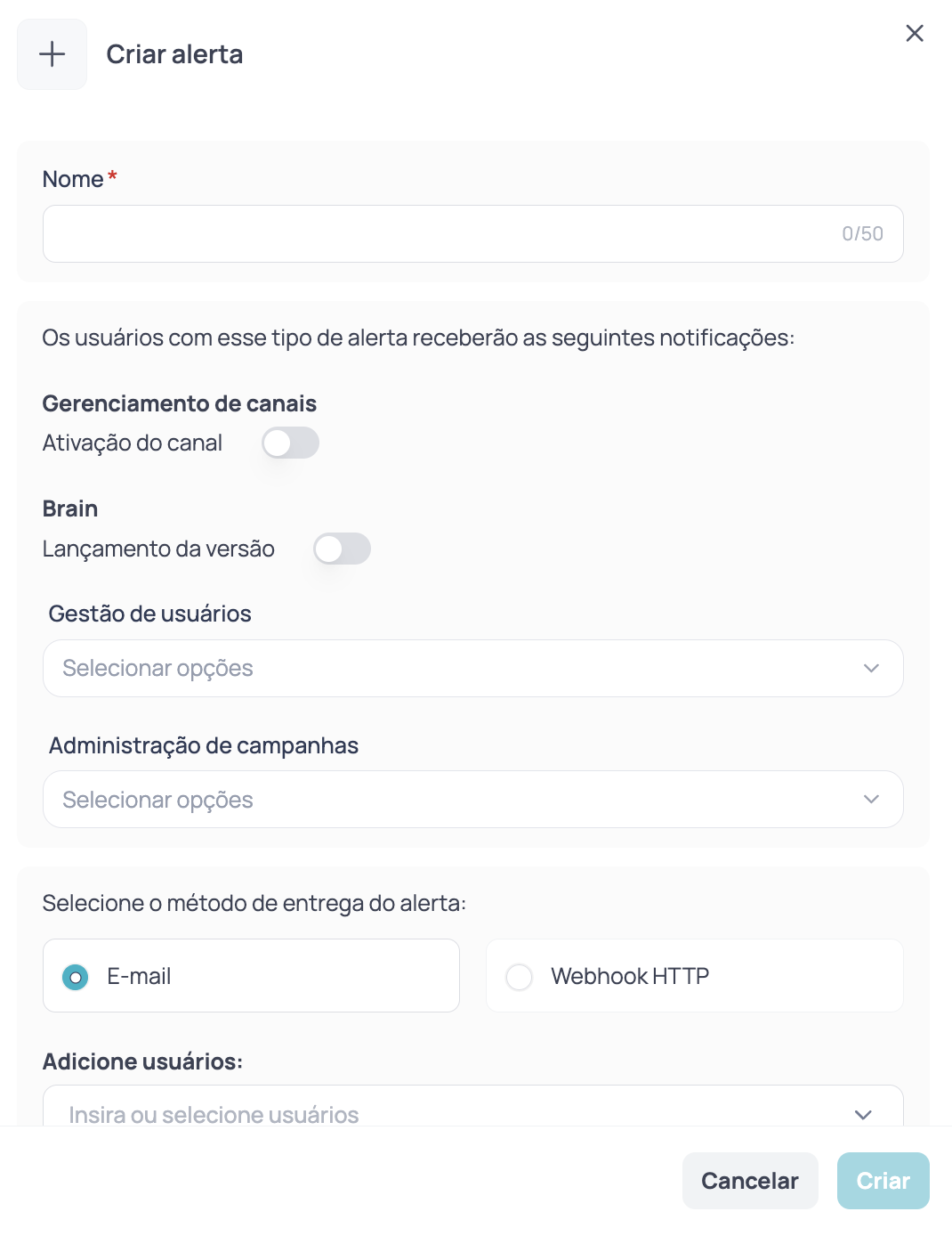 Formulário para criar um alerta com o nome, os eventos e o método de entrega