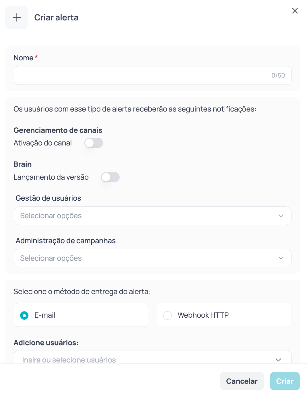 Formulário para criar um alerta com o nome, os eventos e o método de entrega