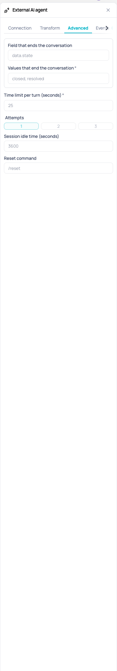 Advanced tab of the External AI agent node with the field that ends the conversation and its values