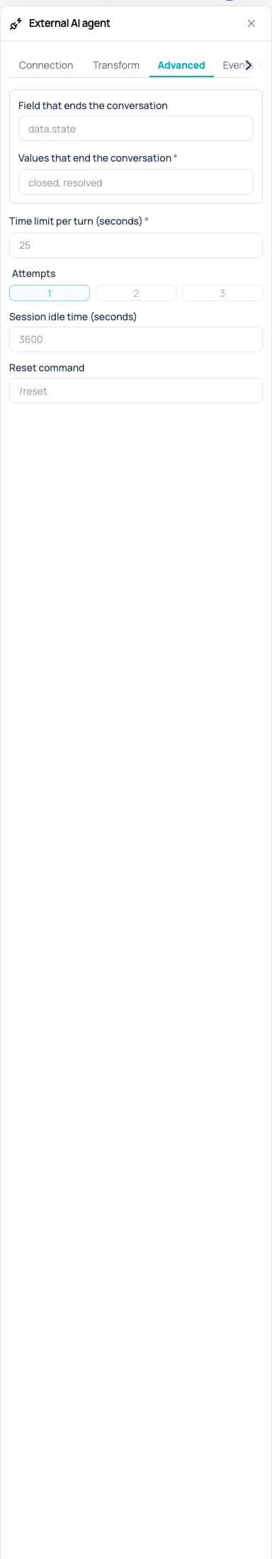 Advanced tab of the External AI agent node with the field that ends the conversation and its values
