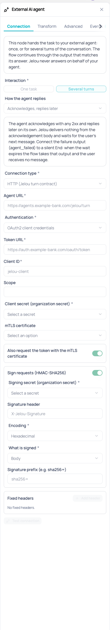 Connection tab of the External AI agent node with How the agent replies set to Acknowledges, replies later, the failure output notice, the token over the mTLS certificate switch and the signature prefix