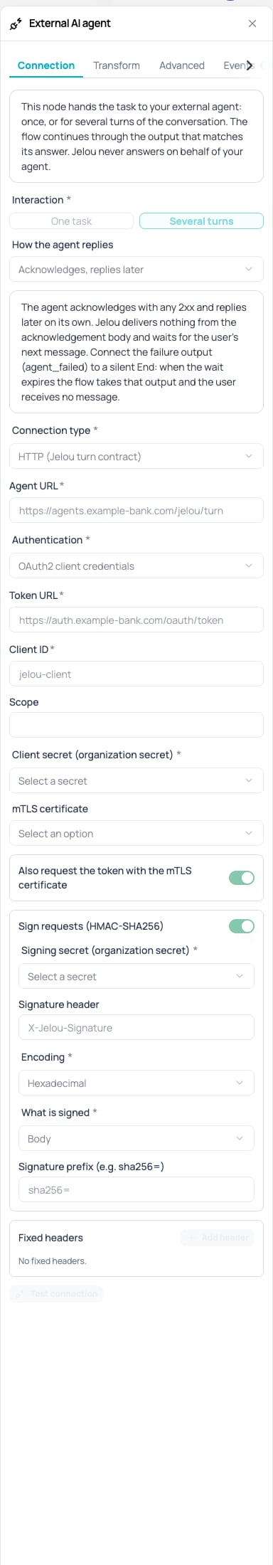 Connection tab of the External AI agent node with How the agent replies set to Acknowledges, replies later, the failure output notice, the token over the mTLS certificate switch and the signature prefix