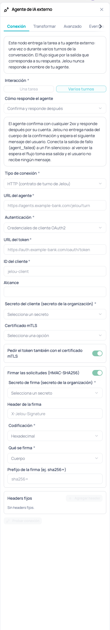 Pestaña Conexión del nodo Agente de IA externo con Cómo responde el agente en Confirma y responde después, el aviso de la salida de fallo, el interruptor del token con el certificado mTLS y el prefijo de la firma